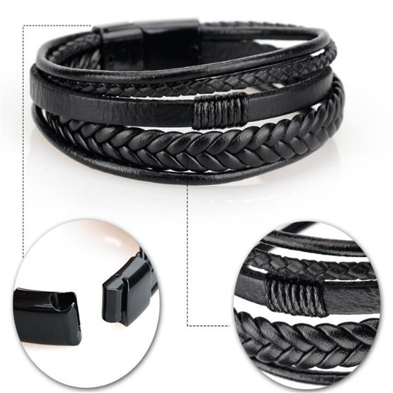 Genuine Leather Bracelets Men's Multilayer Braided Rope Bracelets - GadiGadPlus.com